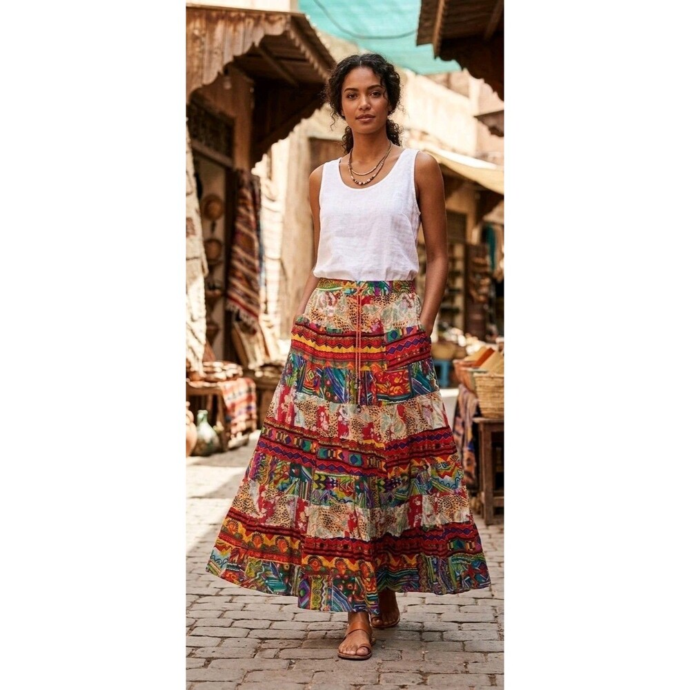 Vtg Passports Pier 1 Imports Maxi Skirt Womens M Boho Festival Colorful Cotton